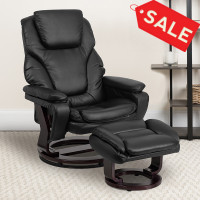 Flash Furniture Contemporary Black Leather Recliner and Ottoman with Swiveling Mahogany Wood Base BT-70222-BK-FLAIR-GG